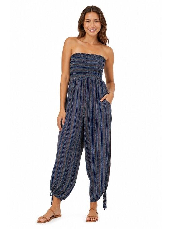 Urban Outfitters Pants - Urban Outfitters Striped Strapless Jumpsuit S Smocked Wide Leg Boho Harem Romper